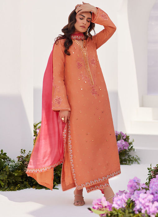 Elyna Coral Embroidered Raw Silk Shirt And Dupatta