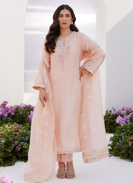 Elea Peach Embroidered Raw Silk Shirt And Dupatta
