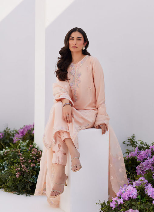 Elea Peach Embroidered Raw Silk Shirt And Dupatta