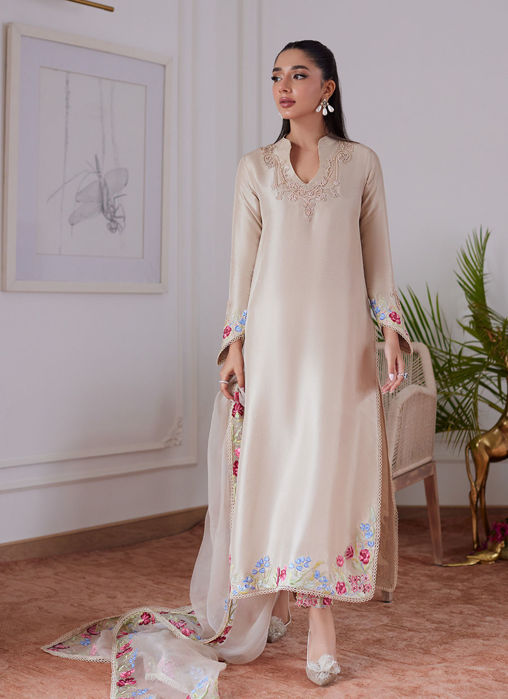 Liara Sand Embroidered Rawsilk Shirt And Dupatta