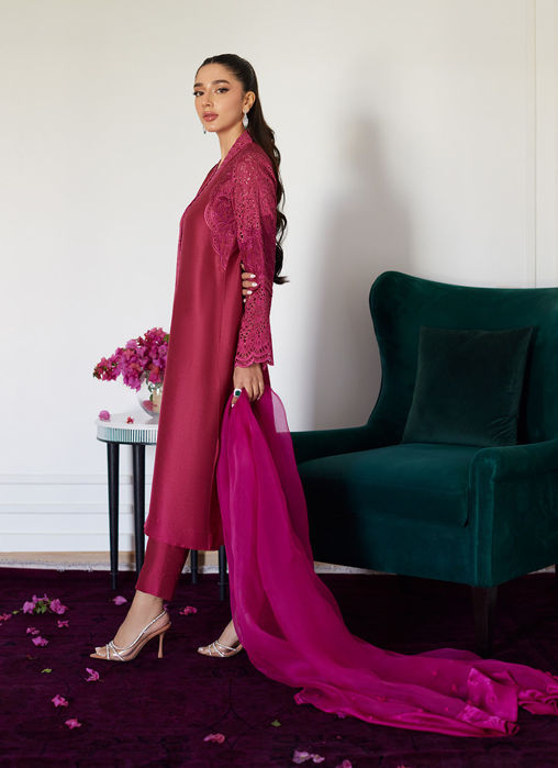 Honorine Magenta Embroidered Raw Silk Shirt With Dupatta