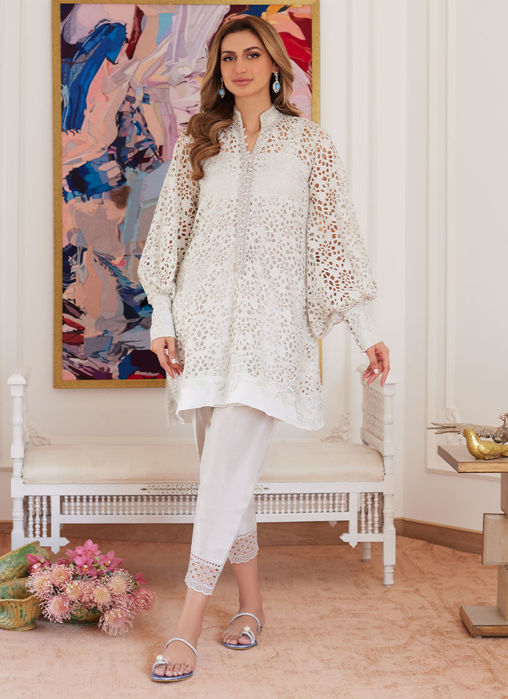 Picture of Ophelia Ivory Embroidered Schiffli Raw Silk Shirt
