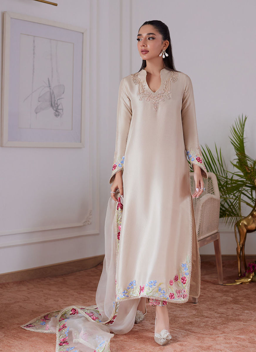 Liara Sand Embroidered Rawsilk Shirt And Dupatta with Pants