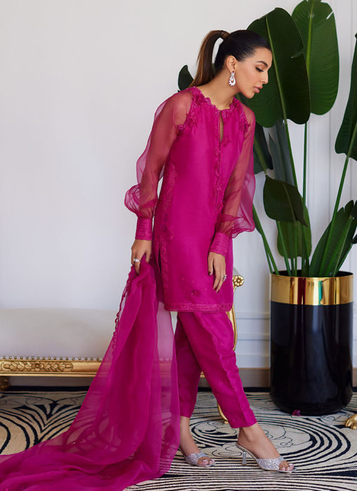 Elio Hot Pink Raw Silk Shirt, Shalwar With Dupatta