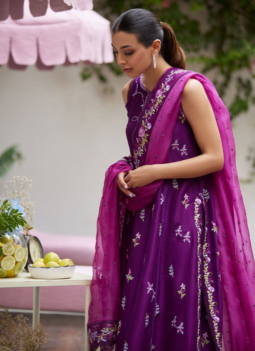 Irina Plum Embroidered Raw Silk Shirt With Dupatta