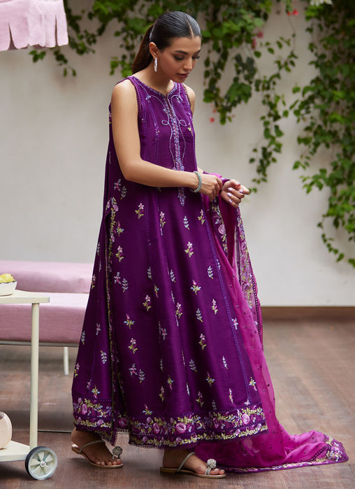 Irina Plum Embroidered Raw Silk Shirt With Dupatta