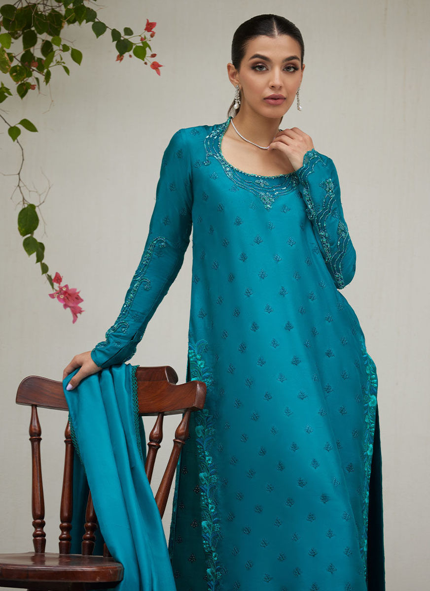 Persian Green Embroidered And Embellished Raw Silk Shirt With Dupatta