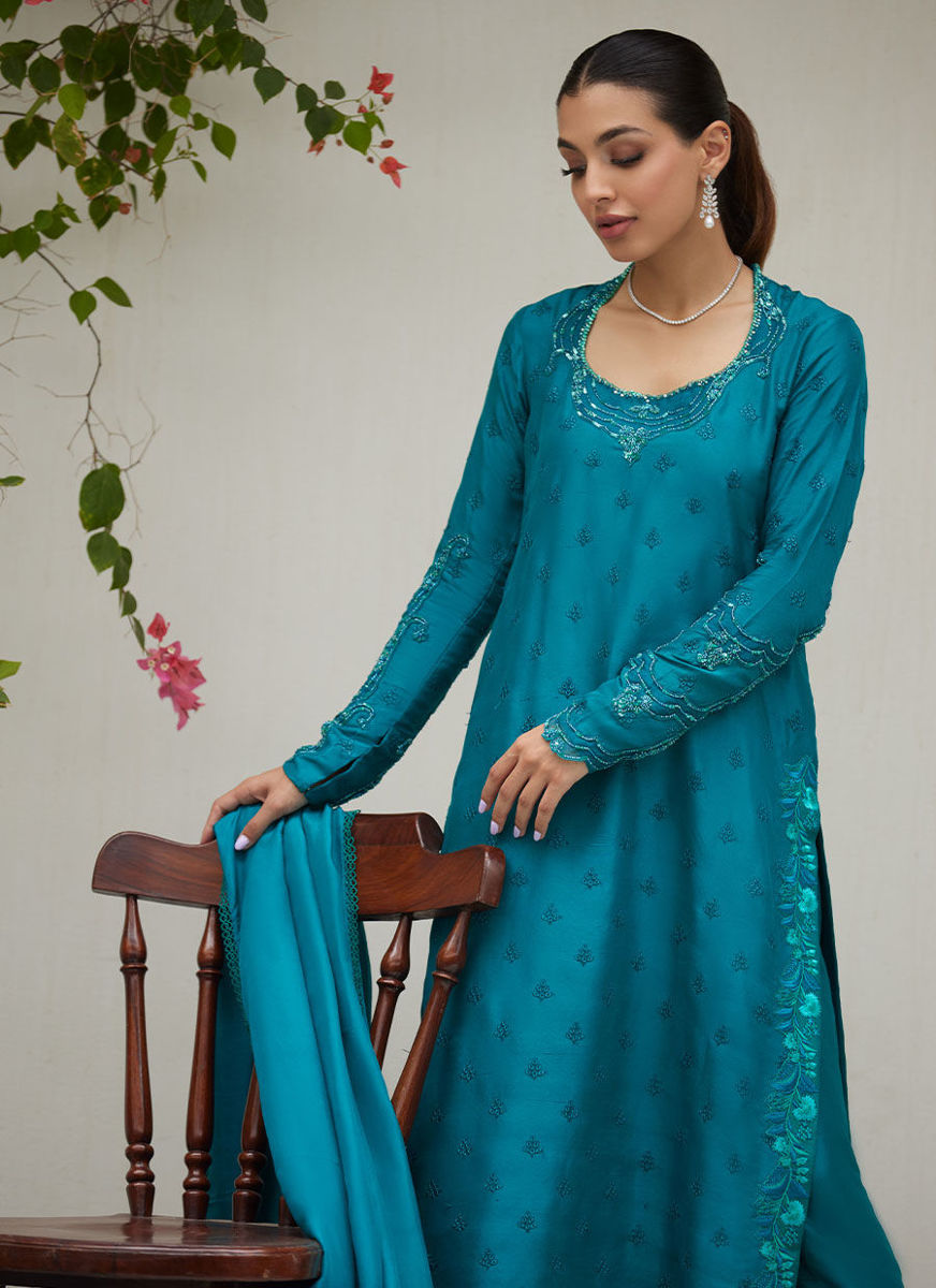 Persian Green Embroidered And Embellished Raw Silk Shirt With Dupatta