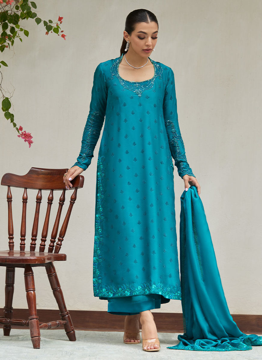 Persian Green Embroidered And Embellished Raw Silk Shirt With Dupatta