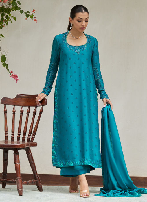 Persian Green Embroidered And Embellished Raw Silk Shirt With Dupatta