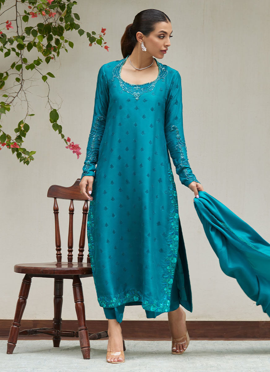 Persian Green Embroidered And Embellished Raw Silk Shirt With Dupatta