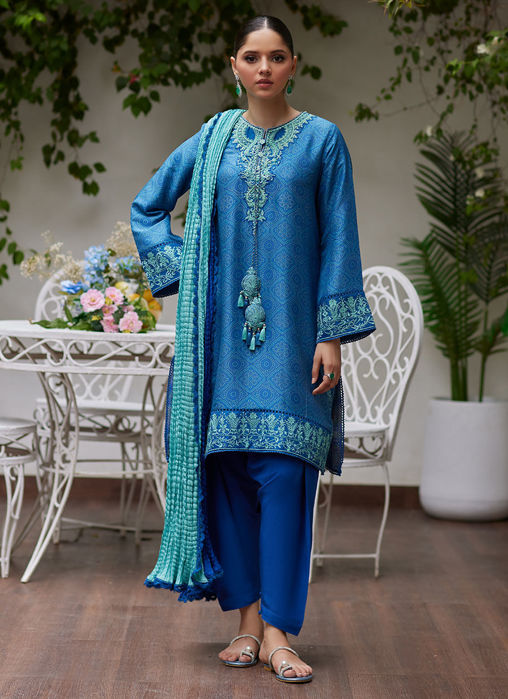 Faina Cobalt Blue Embroidered Raw Silk Shirt And Dupatta