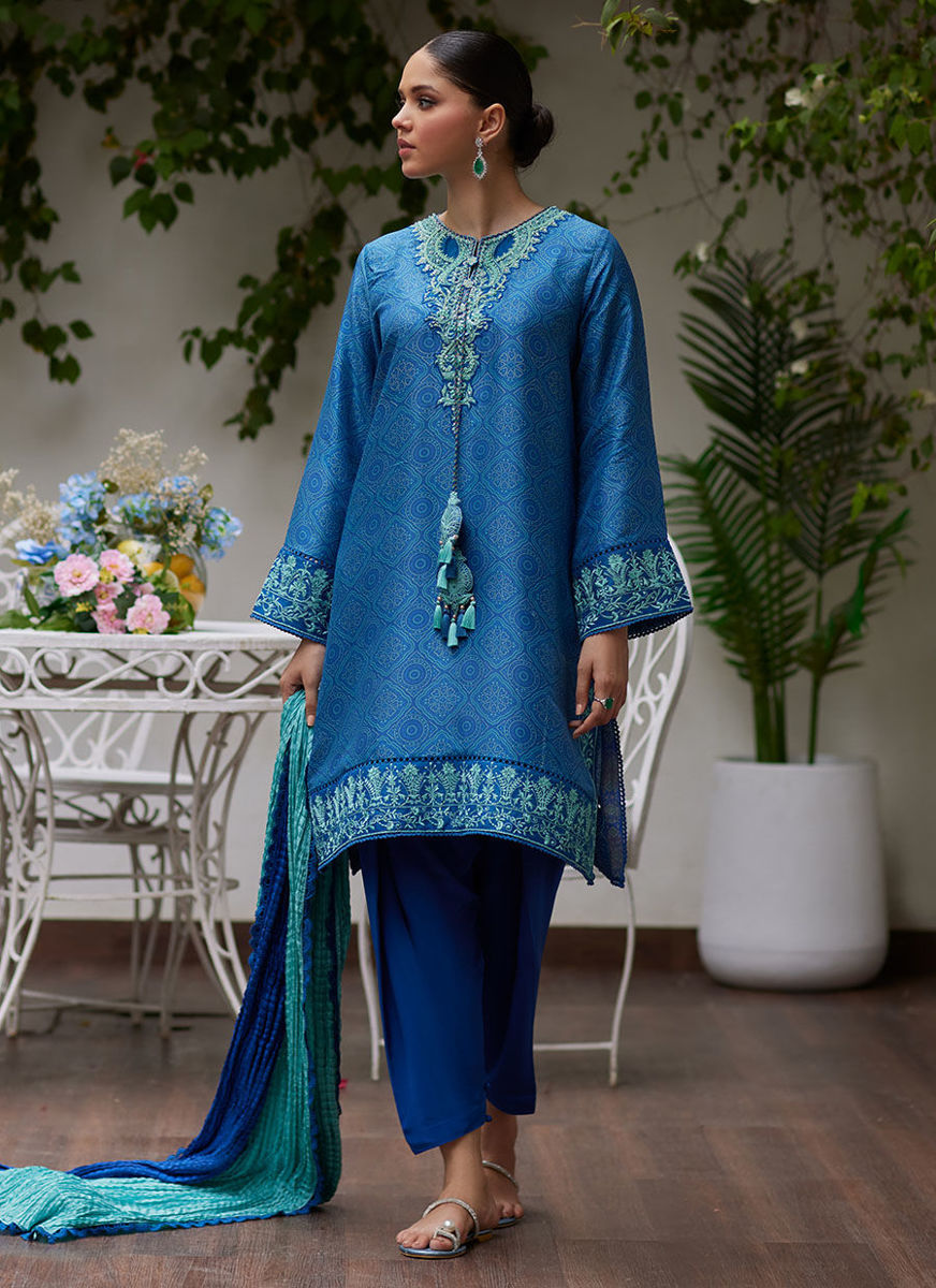 Faina Cobalt Blue Embroidered Raw Silk Shirt And Dupatta