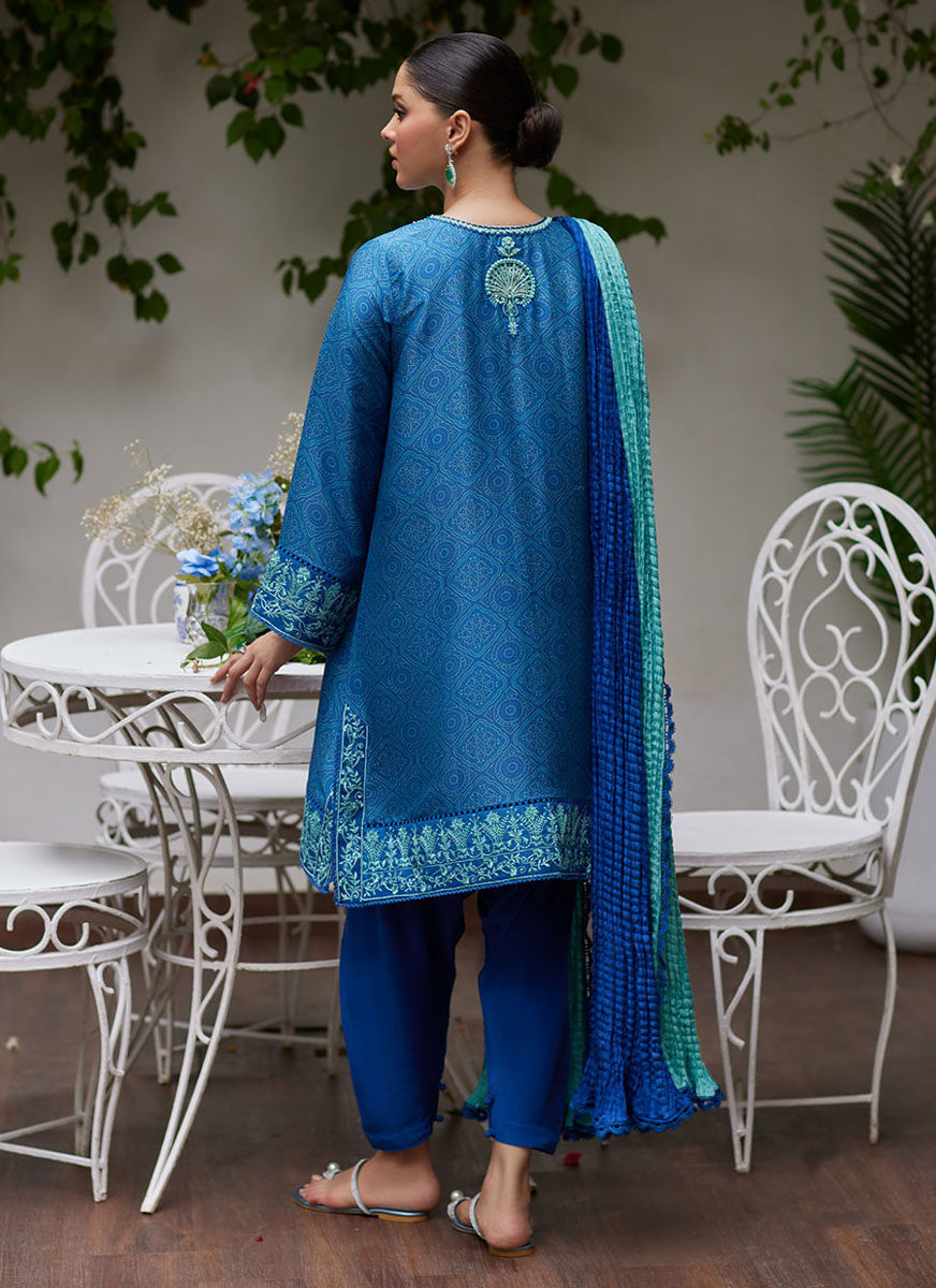 Faina Cobalt Blue Embroidered Raw Silk Shirt And Dupatta