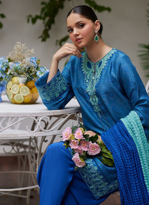 Faina Cobalt Blue Embroidered Raw Silk Shirt And Dupatta