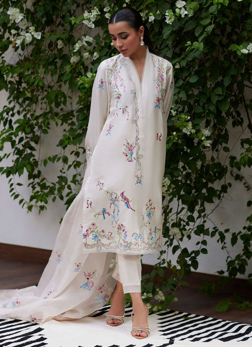 Vasily Ivory Embroidered Raw Silk Shirt With Dupatta