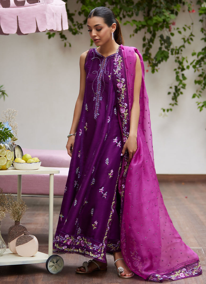 Irina Plum Embroidered Raw Silk Shirt With Dupatta
