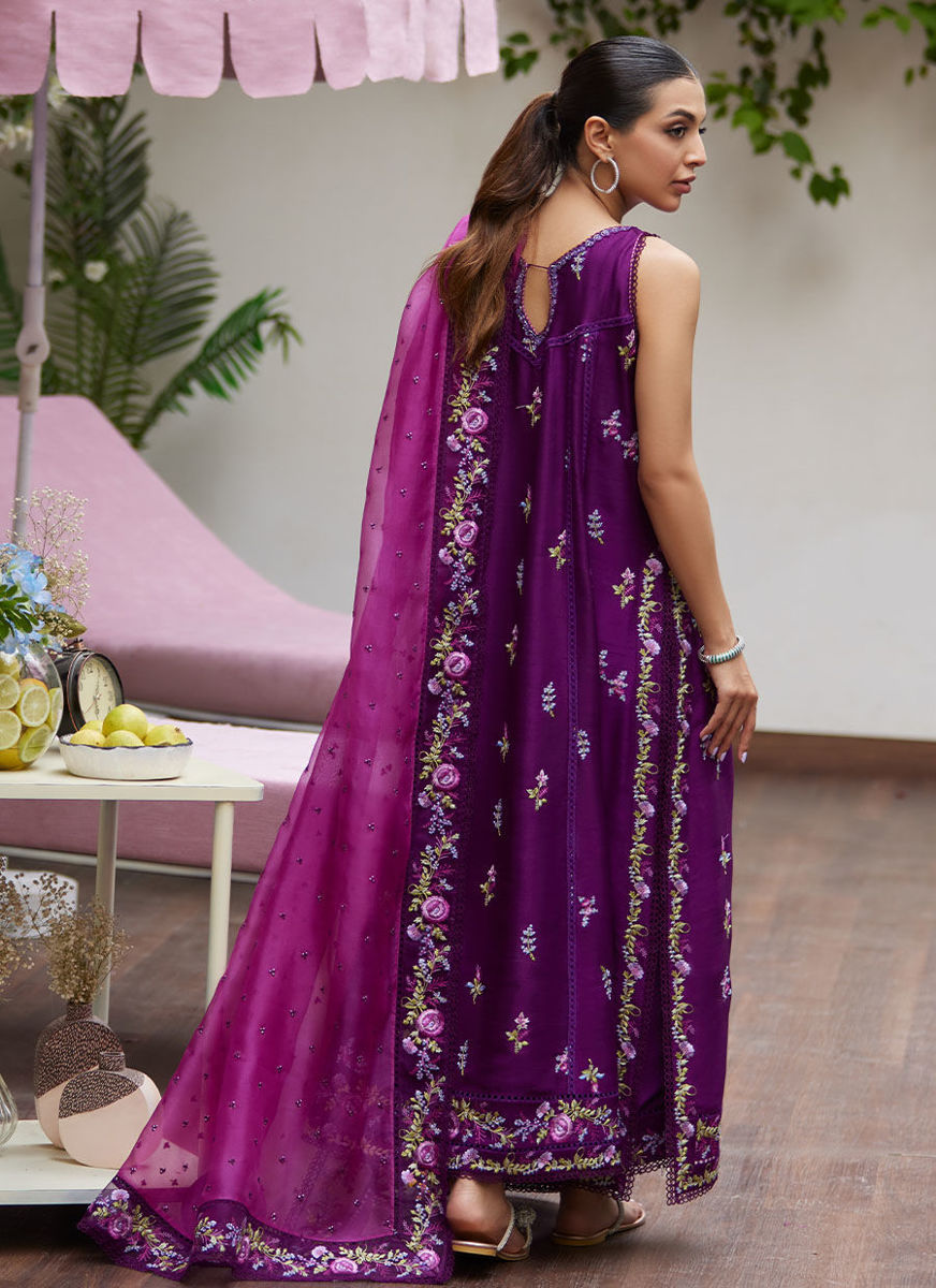 Irina Plum Embroidered Raw Silk Shirt With Dupatta