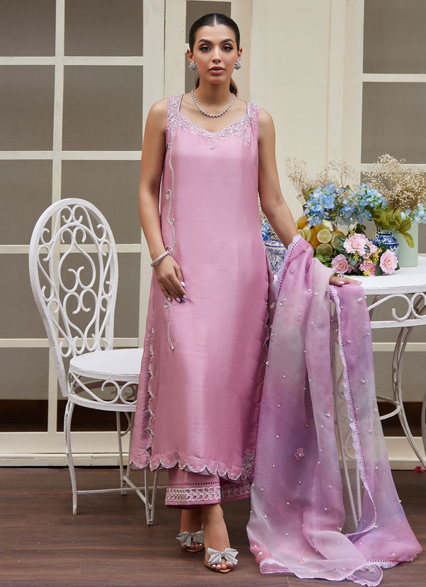 Ninel Lilac Embellished Raw Silk Shirt With Printed Organza Dupatta