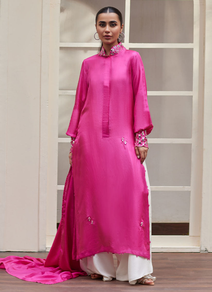 Vanka Fuschia Raw Silk Shirt And Dupatta