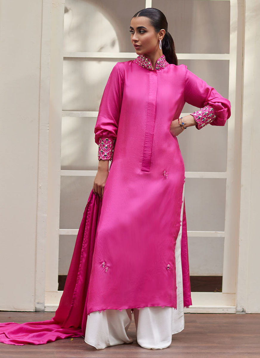 Vanka Fuschia Raw Silk Shirt And Dupatta