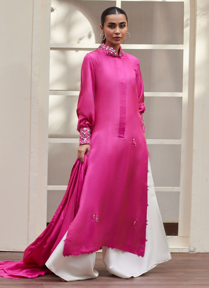 Vanka Fuschia Raw Silk Shirt And Dupatta