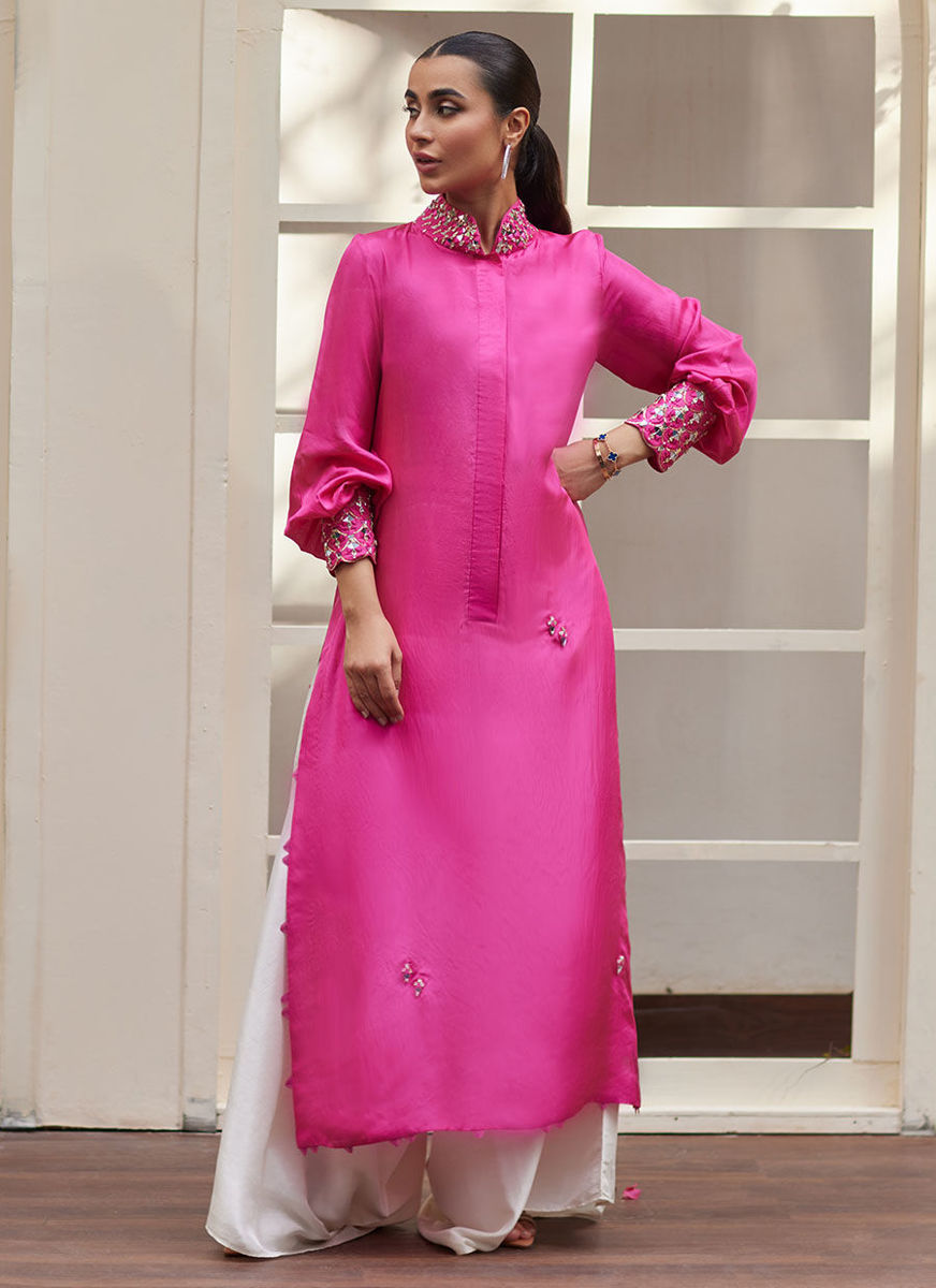 Vanka Fuschia Raw Silk Shirt And Dupatta