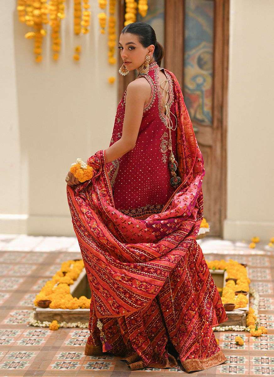 Primrose Crimson Angharkha, Embellished Do-Paincha Dhakha And Block Print Dupatta