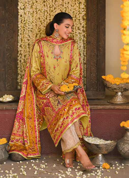 Nymeria Kiwi Green Kurta, Embellished Block Print Dupatta And Izaar