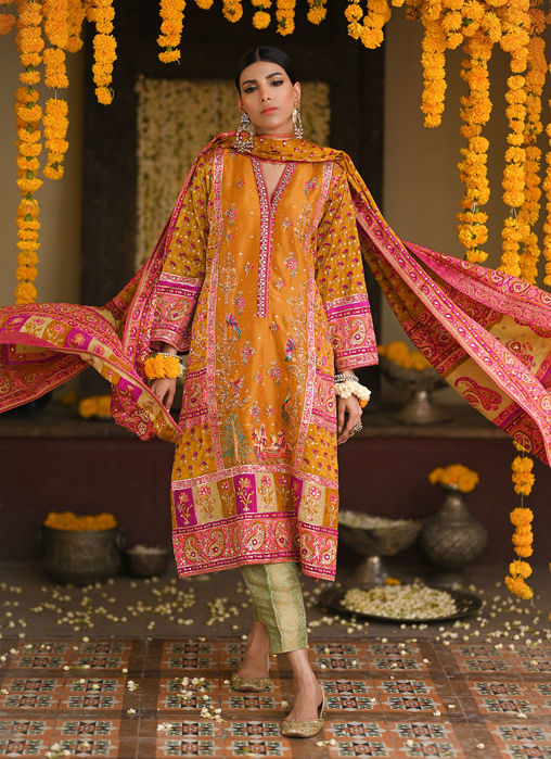 Lumi Bright Mustard Embellished Kurta And Block Printed Dupatta