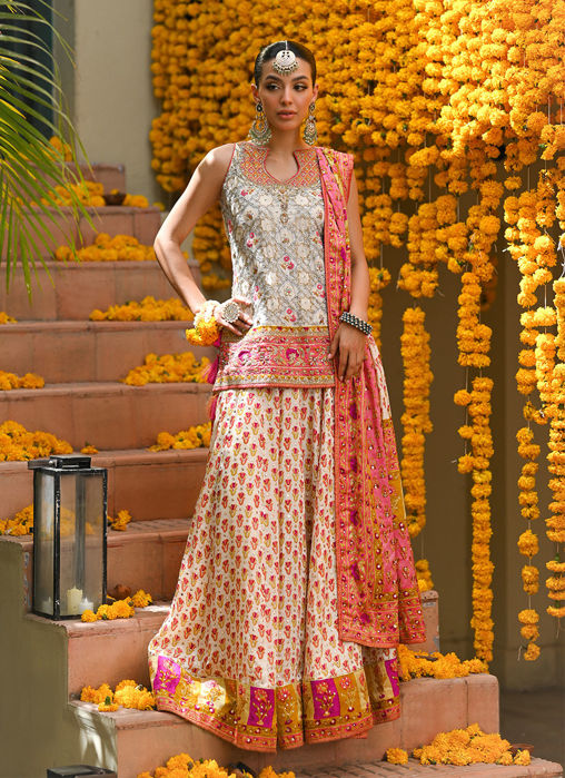 Marilla Ivory Short Shirt With Lengha And Block Printed Dupatta