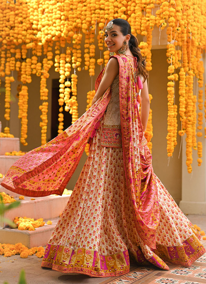 Marilla Ivory Short Shirt With Lengha And Block Printed Dupatta