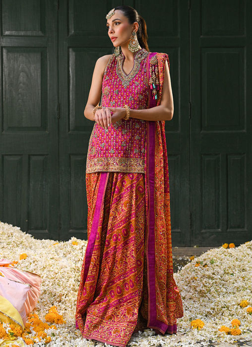 Ayala Magenta Pink Block Printed Shirt Dupatta And Lengha