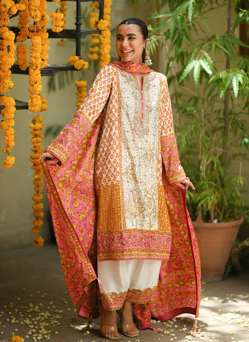 Twila Ivory Hand Worked Kurta, Izaar, With Block Printed Embellished Dupatta