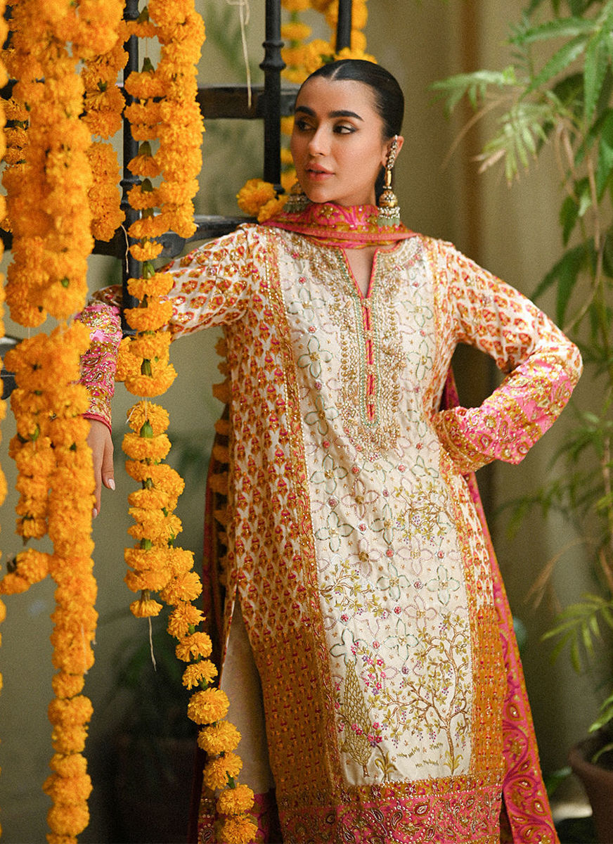 Twila Ivory Hand Worked Kurta, Izaar, With Block Printed Embellished Dupatta