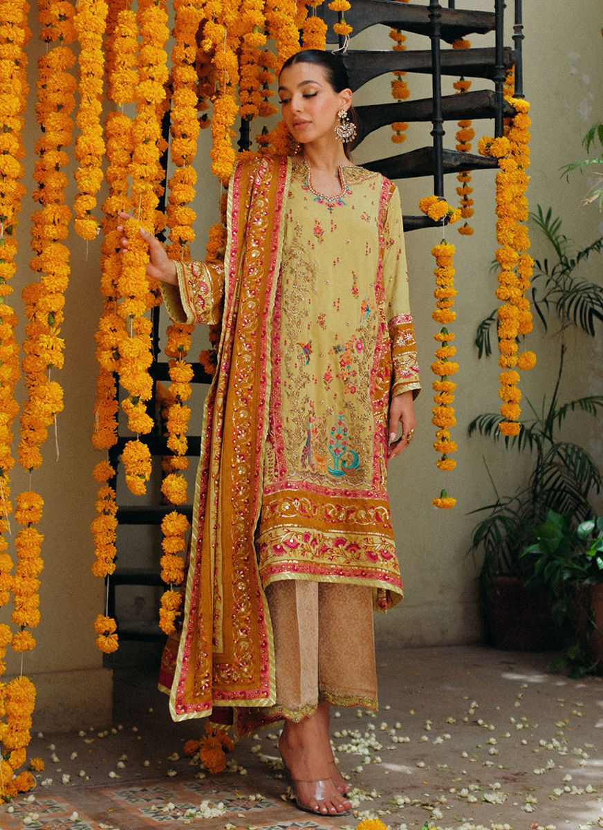 Nymeria Kiwi Green Kurta, Embellished Block Print Dupatta And Izaar