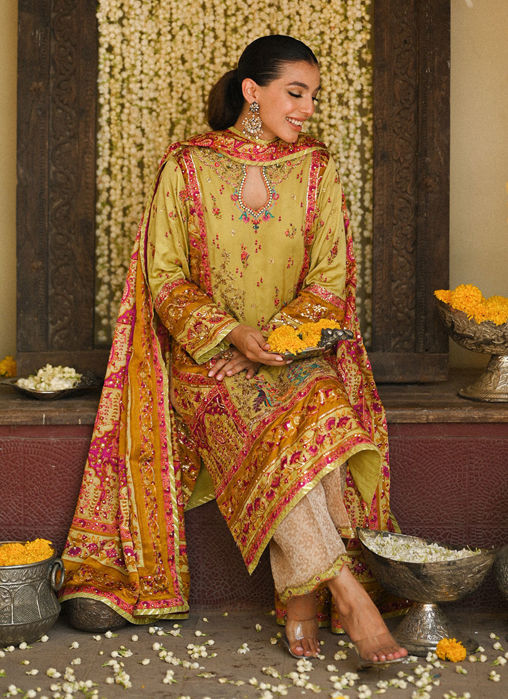 Nymeria Kiwi Green Kurta, Embellished Block Print Dupatta And Izaar