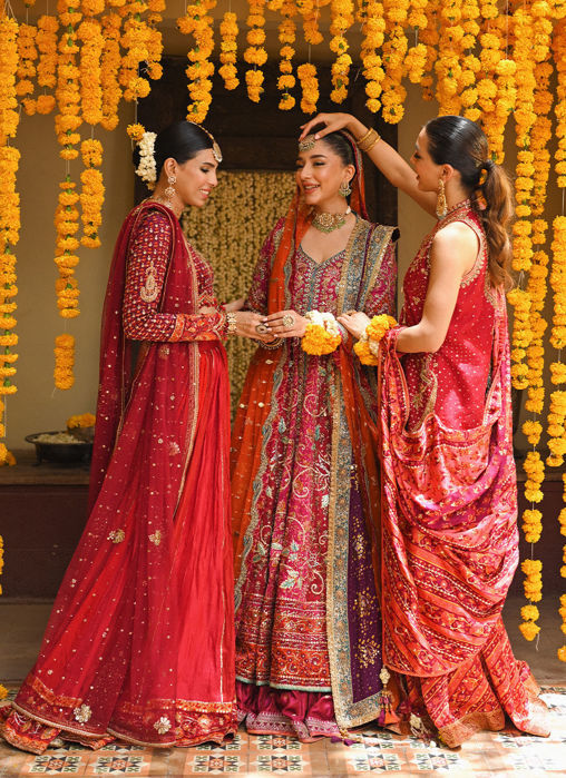 Primrose Crimson Angharkha, Embellished Do-Paincha Dhakha And Block Print Dupatta