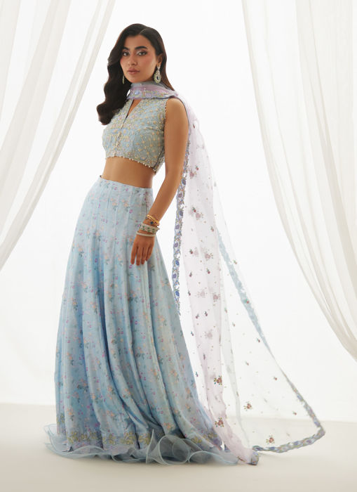 Zyla Sky Blue Choli, Lehenga And Dupatta