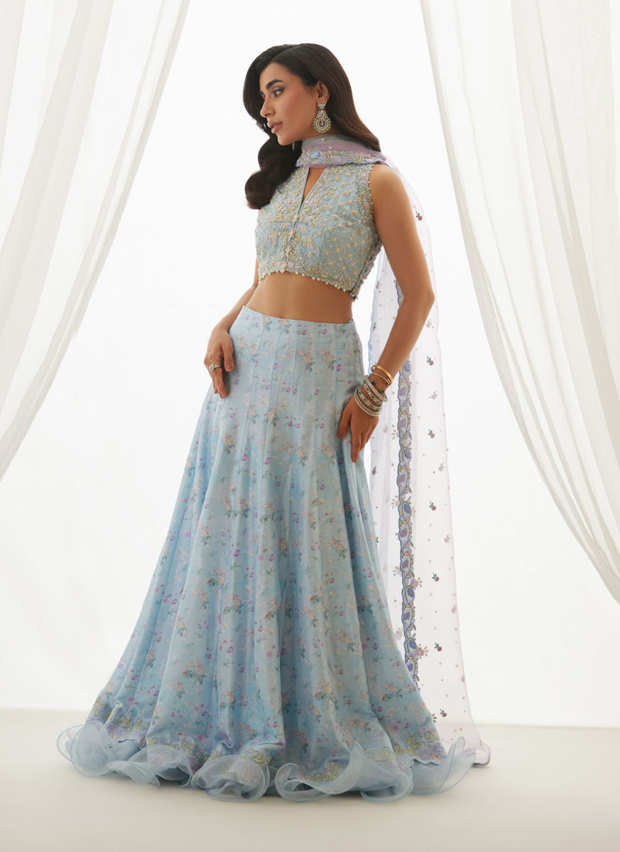 Zyla Sky Blue Choli, Lehenga And Dupatta