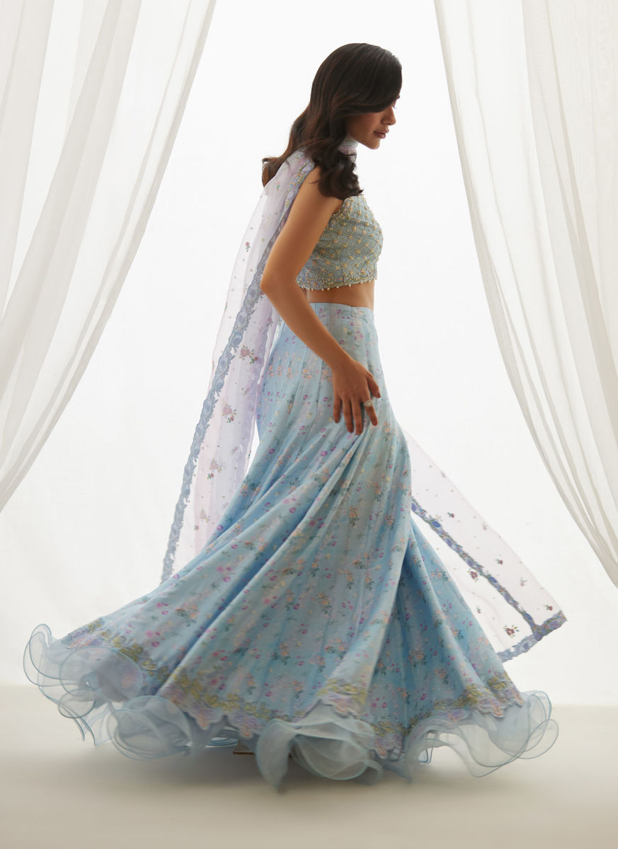 Zyla Sky Blue Choli, Lehenga And Dupatta