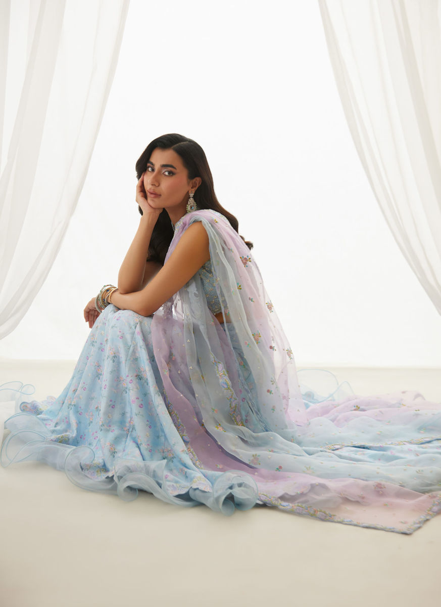 Zyla Sky Blue Choli, Lehenga And Dupatta