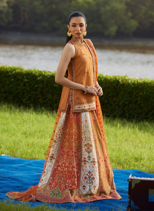 Sitar Saffron Shirt, Dupatta and Lehenga