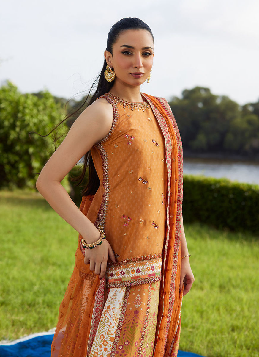 Sitar Saffron Shirt, Dupatta and Lehenga