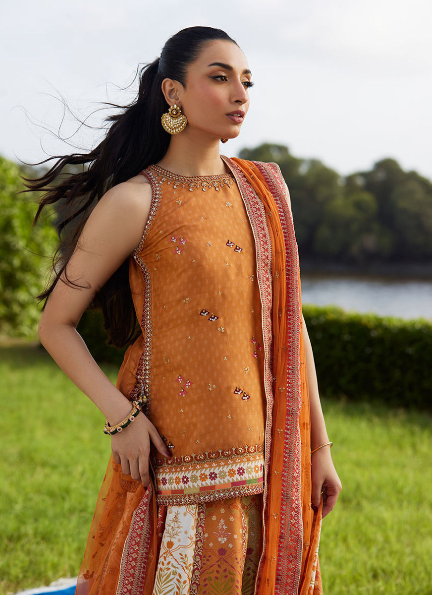 Sitar Saffron Shirt, Dupatta and Lehenga