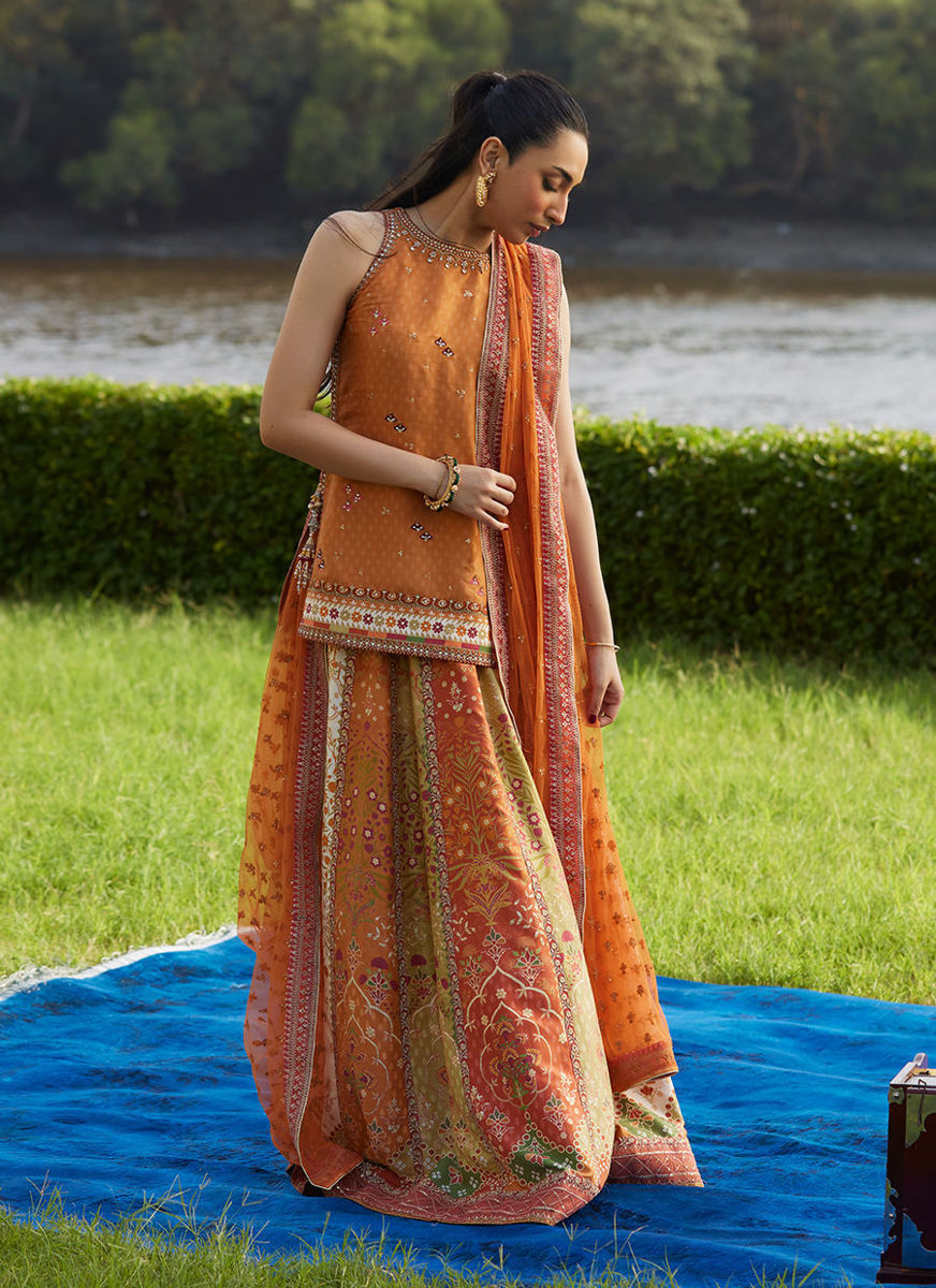 Sitar Saffron Shirt, Dupatta and Lehenga