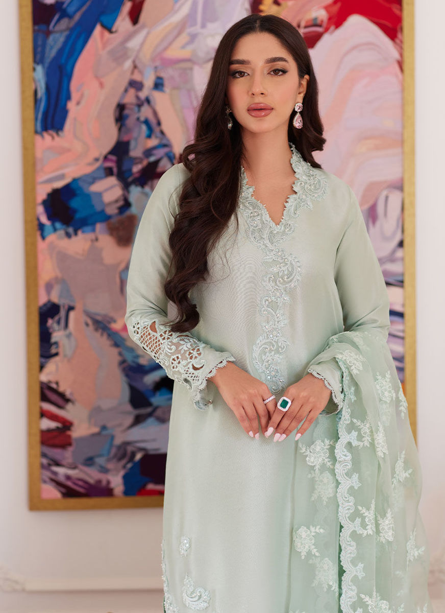Liara Pistachio Embroidered Raw Silk Shirt, Pants and Dupatta