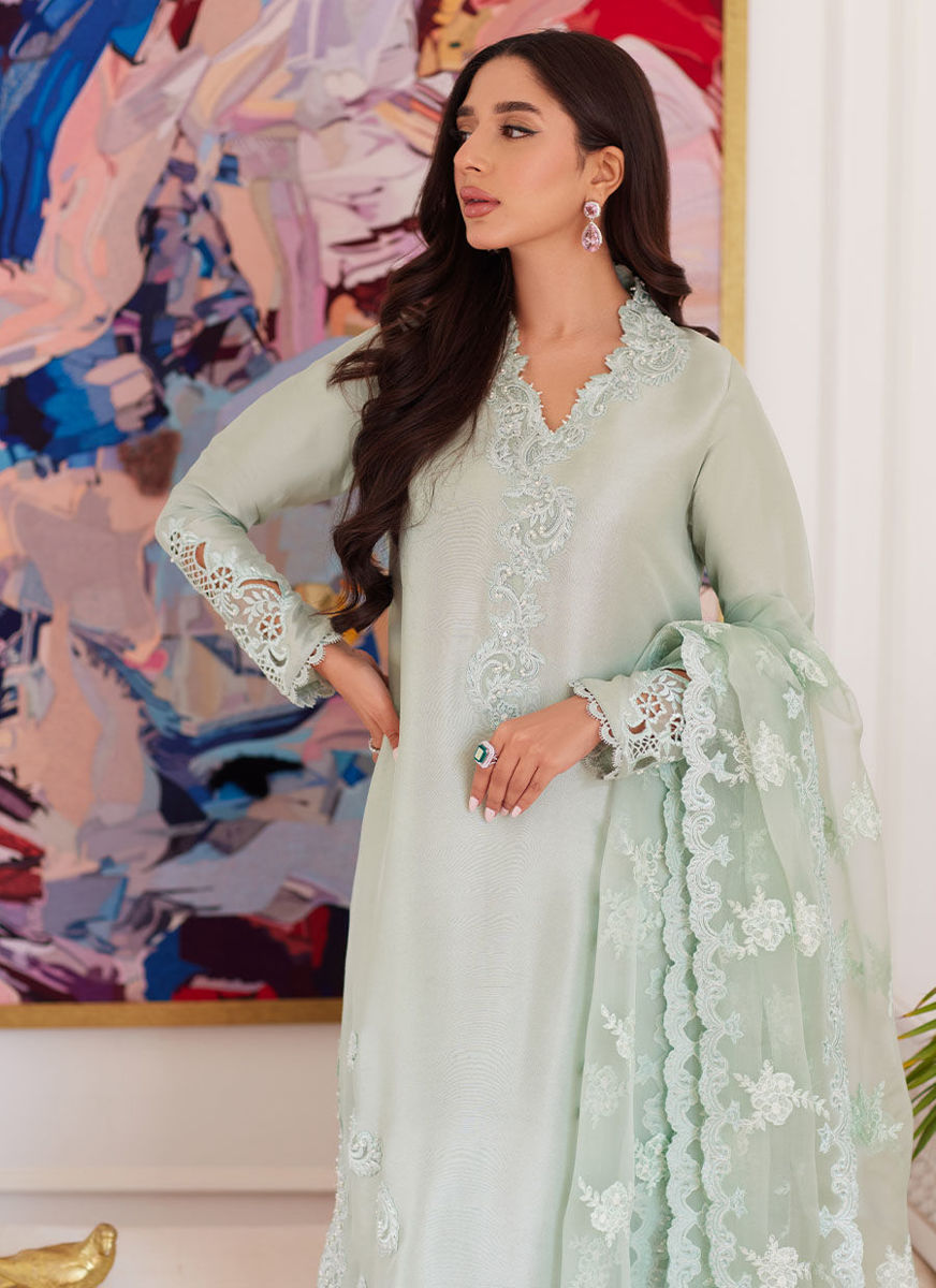 Liara Pistachio Embroidered Raw Silk Shirt, Pants and Dupatta