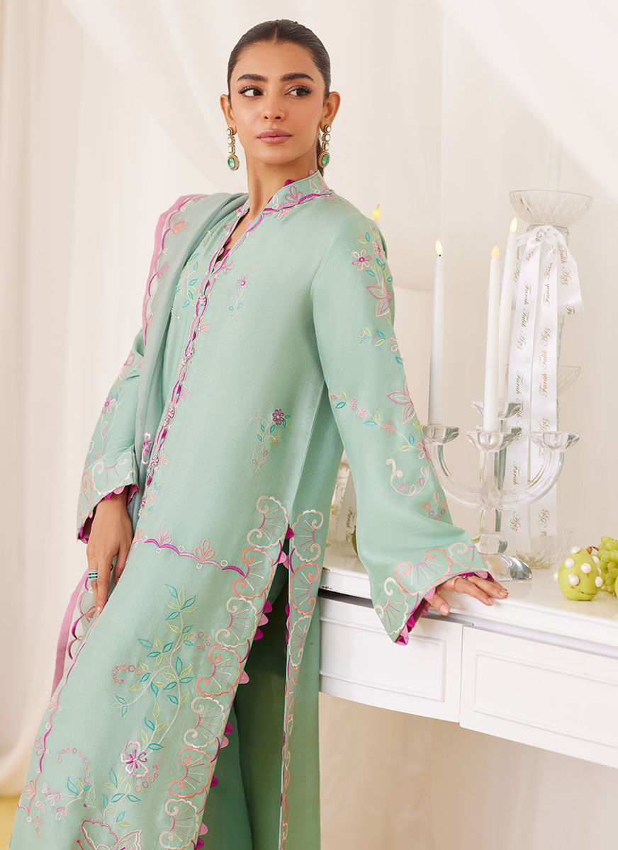 Petra Fern Green Embroidered Shirt And Dupatta