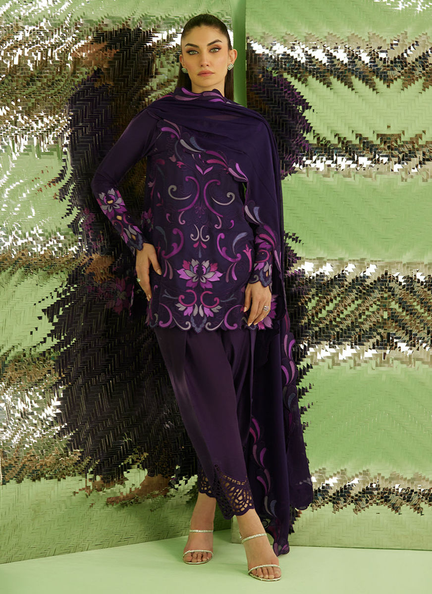 Noir Aubergibe Shirt With Drape Dupatta And Pants